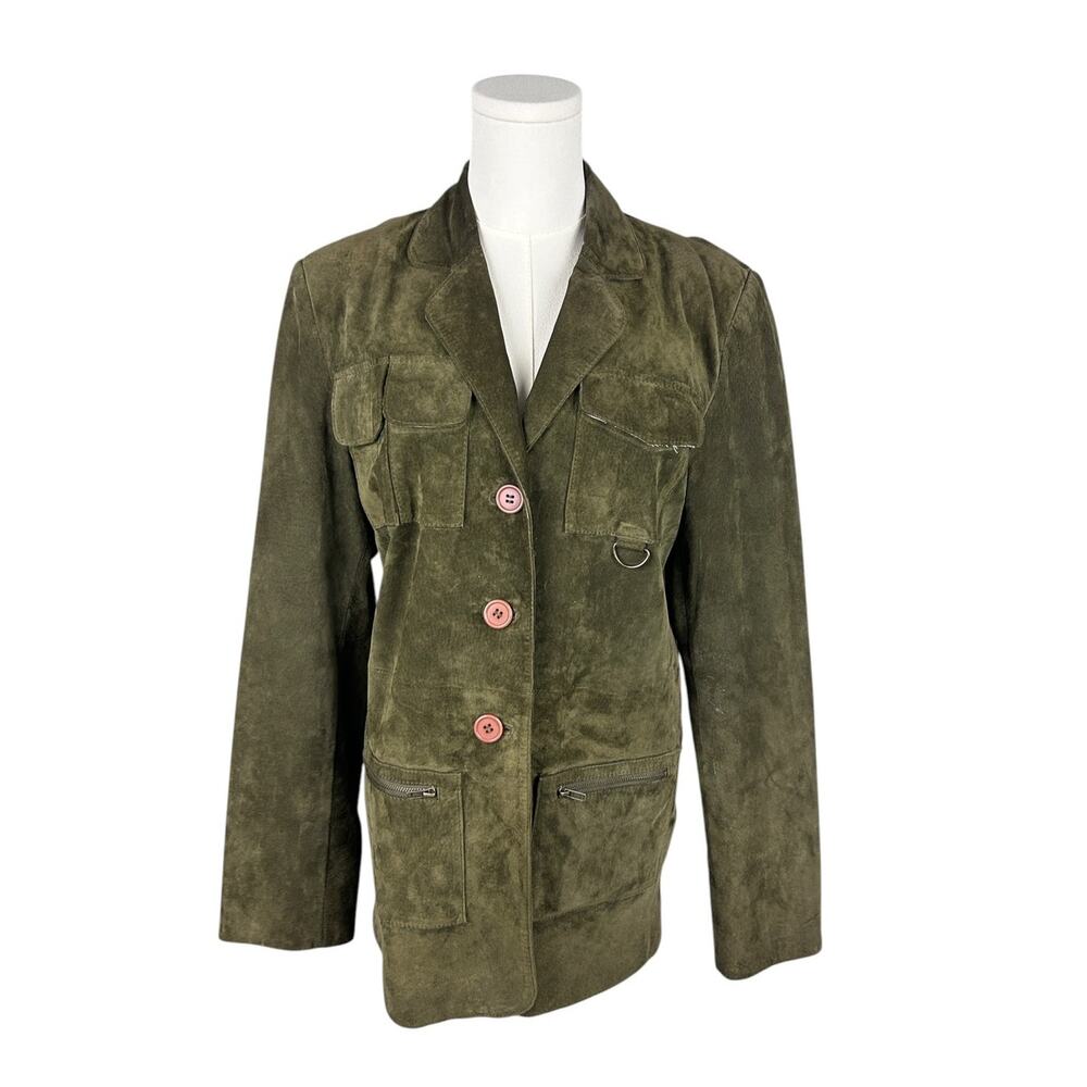 Vintage 90s Y2K Green Suede Military Inspired Multi Pocket Jacket M